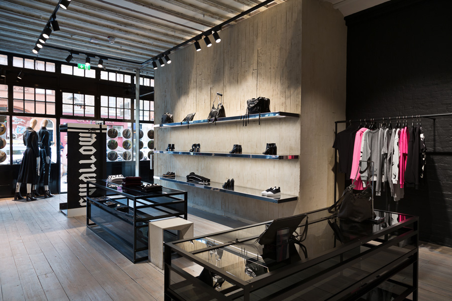 Alexander McQueen McQ flagship store, shuttered concrete clay finish, photo by Adam Scott